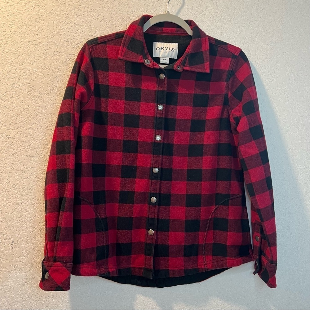 Women’s Orvis red Buffalo plaid button front fleece winter coat size medium M
